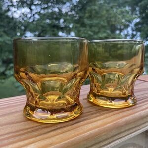Vintage Georgian Amber Rocks Glasses Set 2 Lowball Tumblers Retro Barware